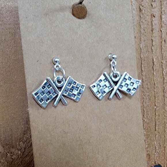 Crossed Checkered Flag Earrings PIERCED 1"  Race Fans Race Day Racing - Picture 2 of 2